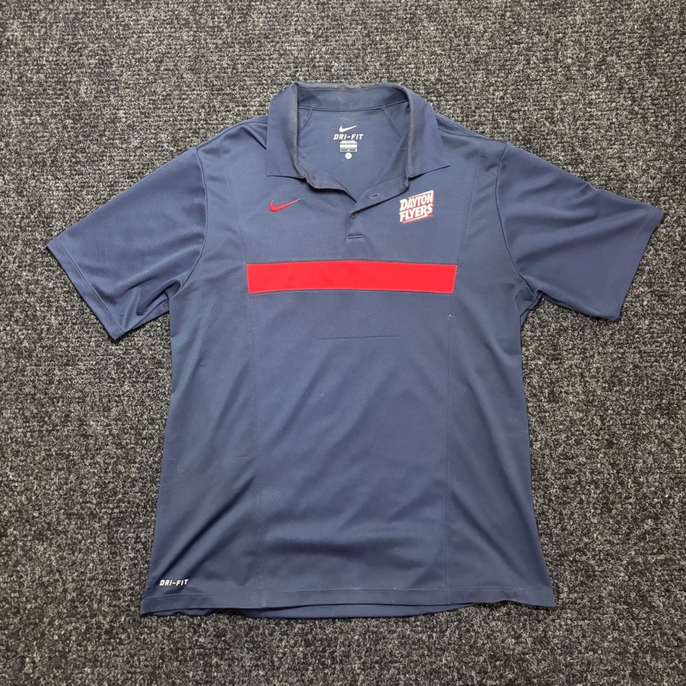 Nike Dri-FIT Dayton Flyers Polo Shirt Mens Large Navy Blue Red Stripe NCAA
